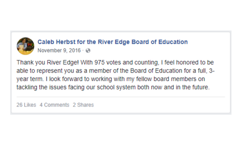 Facebook page announcement of Caleb's victory in the school board election
